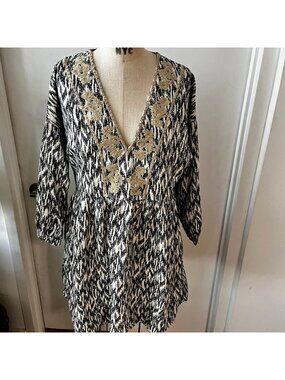 ZARA Linen Babydoll Ikat Mini Dress with Beaded Neckline Size Medium